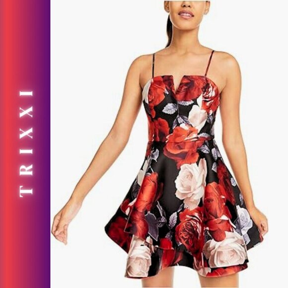NWT 13 Trixxi Juniors Fit -Flare Red Black white Dress Floral Print - Picture 1 of 14